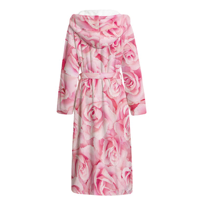 Pink Rose Print Hooded Bathrobe