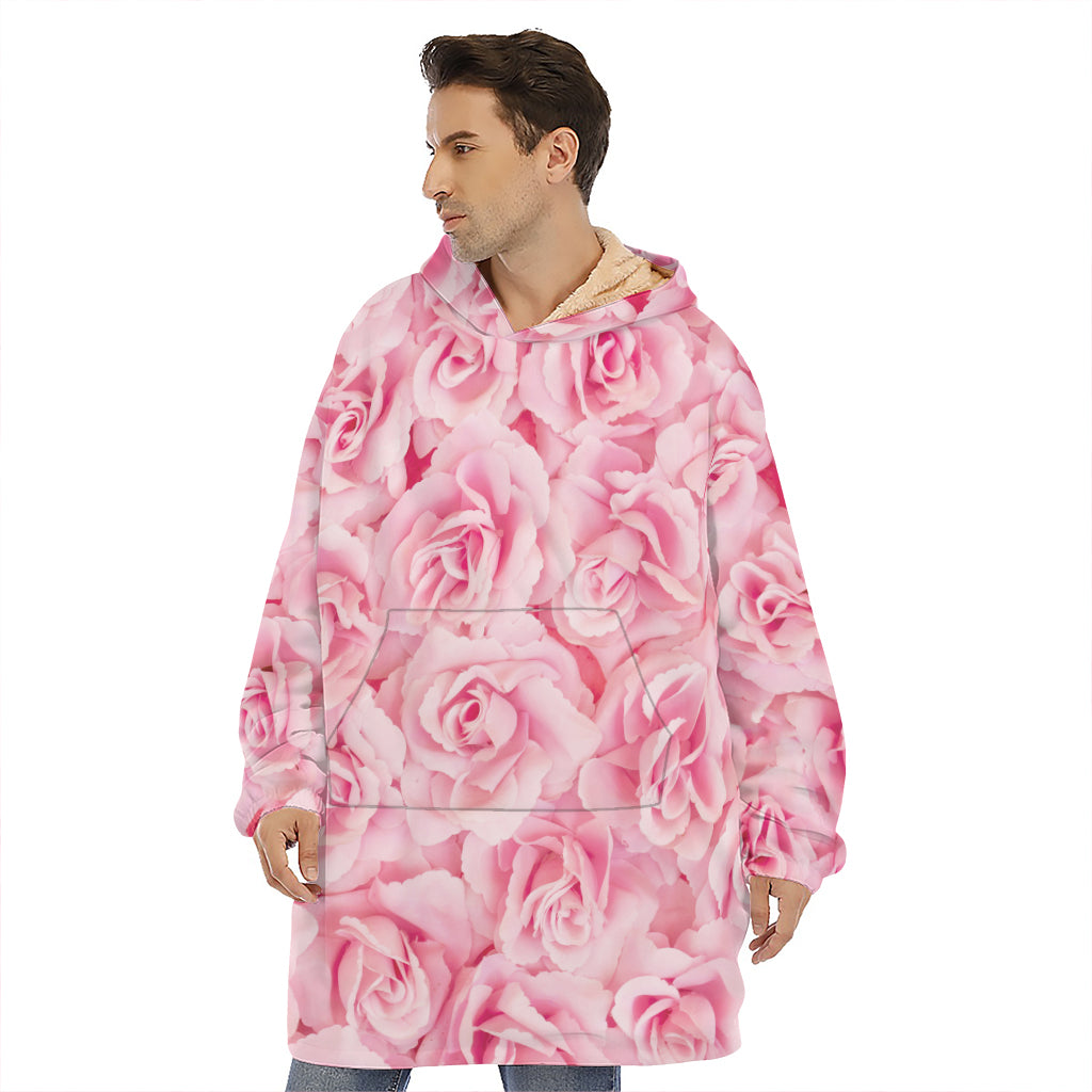 Pink Rose Print Hoodie Blanket