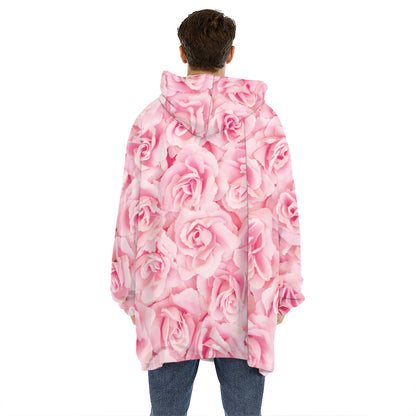 Pink Rose Print Hoodie Blanket