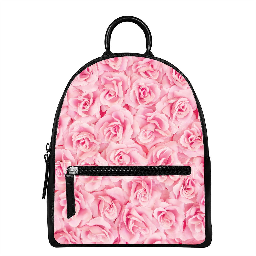 Pink Rose Print Leather Backpack