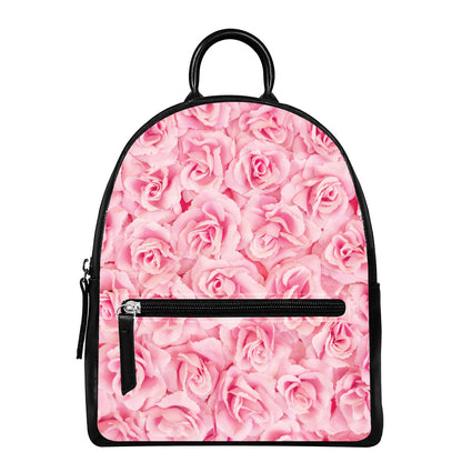Pink Rose Print Leather Backpack