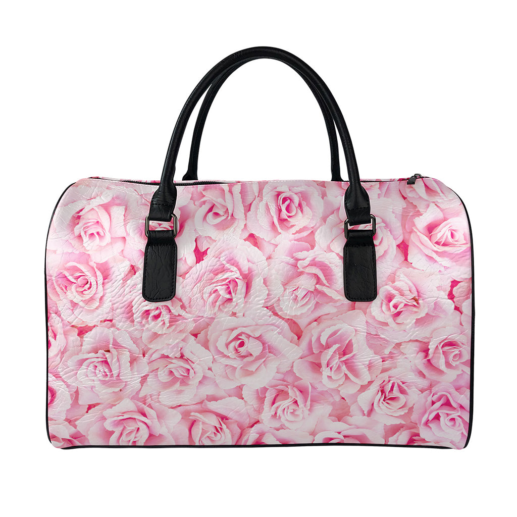 Pink Rose Print Leather Duffle Bag