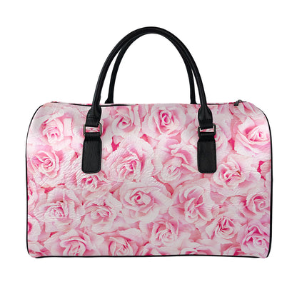 Pink Rose Print Leather Duffle Bag