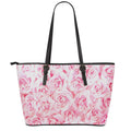 Pink Rose Print Leather Tote Bag With Zipper