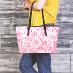 Pink Rose Print Leather Tote Bag