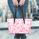 Pink Rose Print Leather Tote Bag