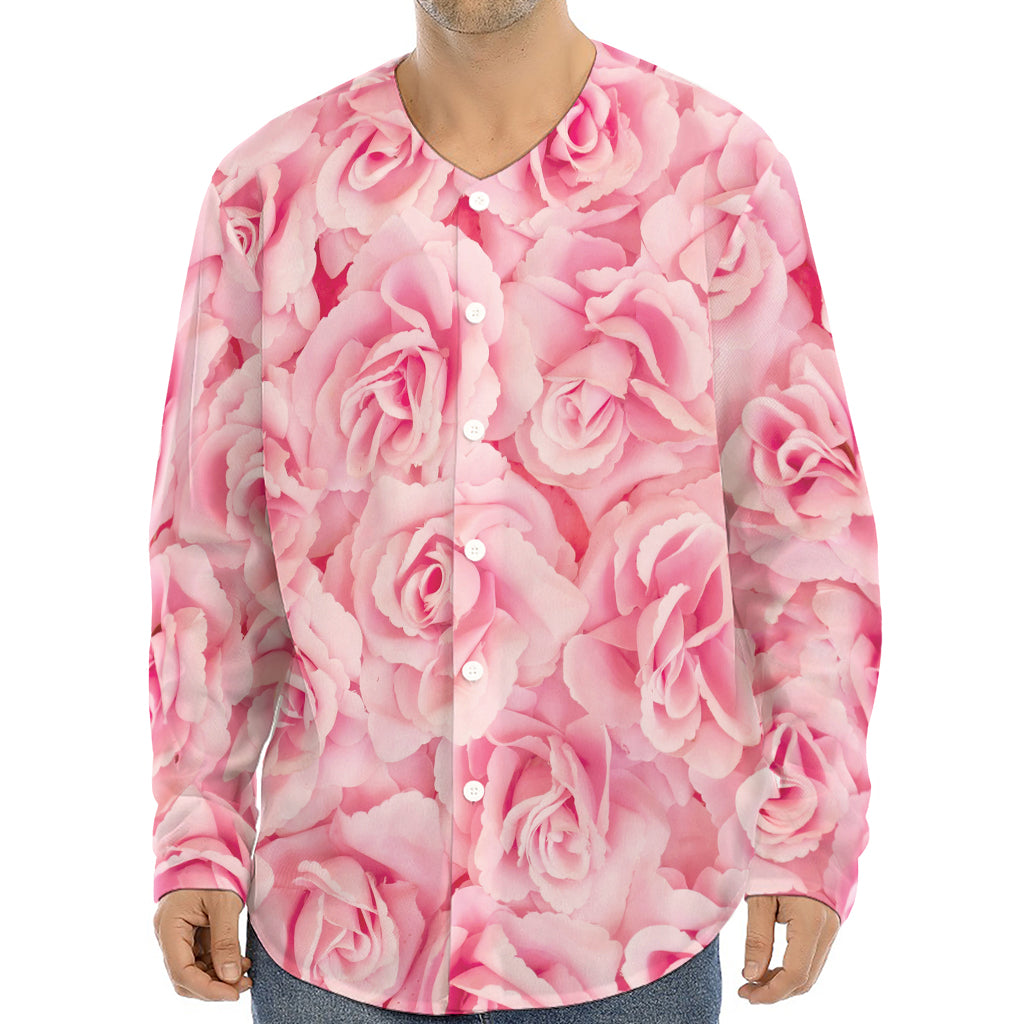 Pink Rose Print Long Sleeve Baseball Jersey
