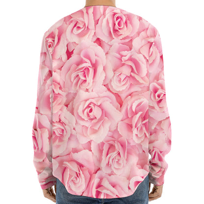 Pink Rose Print Long Sleeve Baseball Jersey