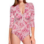 Pink Rose Print Long Sleeve Swimsuit