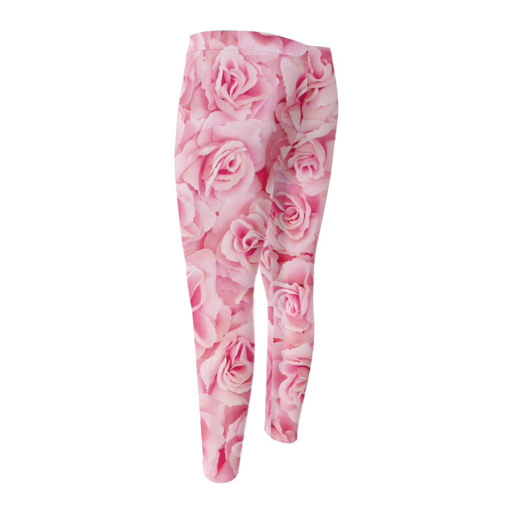 Pink Rose Print Men's Compression Pants
