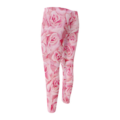 Pink Rose Print Men's Compression Pants