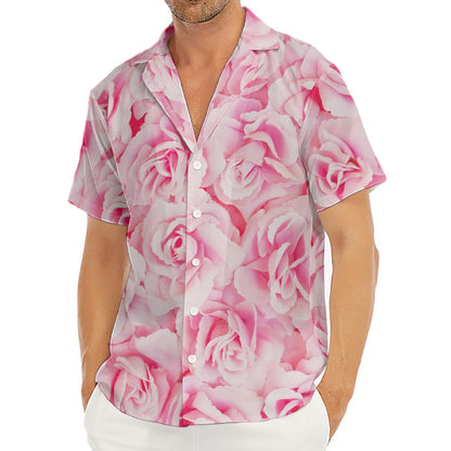Pink Rose Print Men's Deep V-Neck Shirt