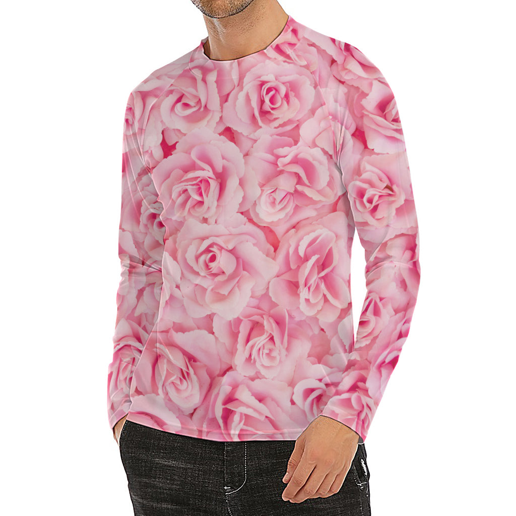 Pink Rose Print Men's Long Sleeve Rash Guard