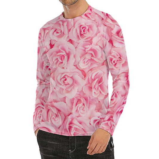 Pink Rose Print Men's Long Sleeve Rash Guard