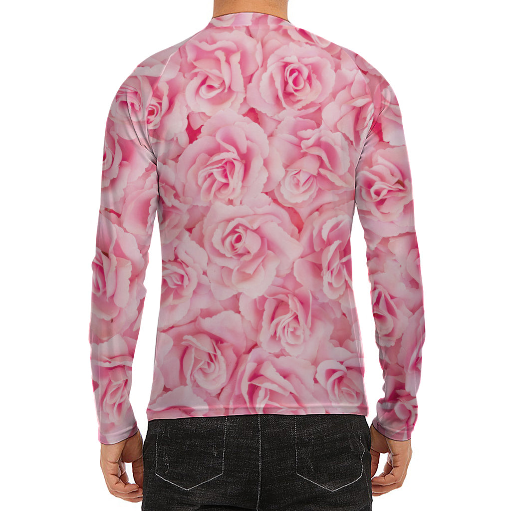 Pink Rose Print Men's Long Sleeve Rash Guard
