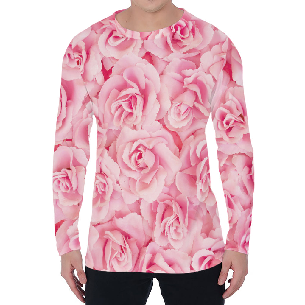 Pink Rose Print Men's Long Sleeve T-Shirt