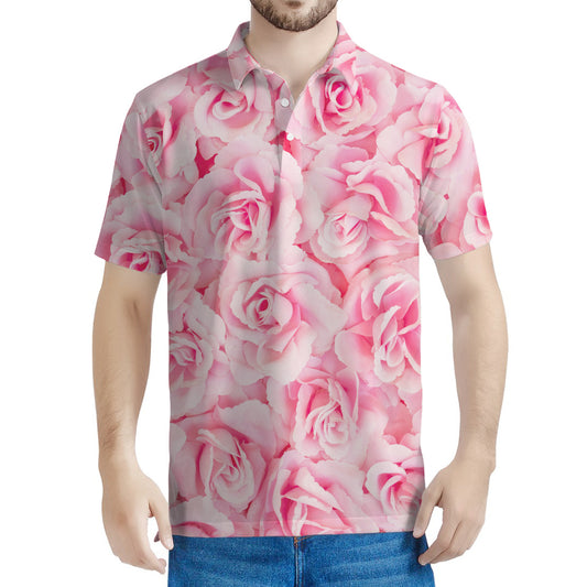 Pink Rose Print Men's Polo Shirt