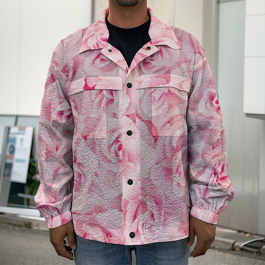 Pink Rose Print Men's Shirt Jacket
