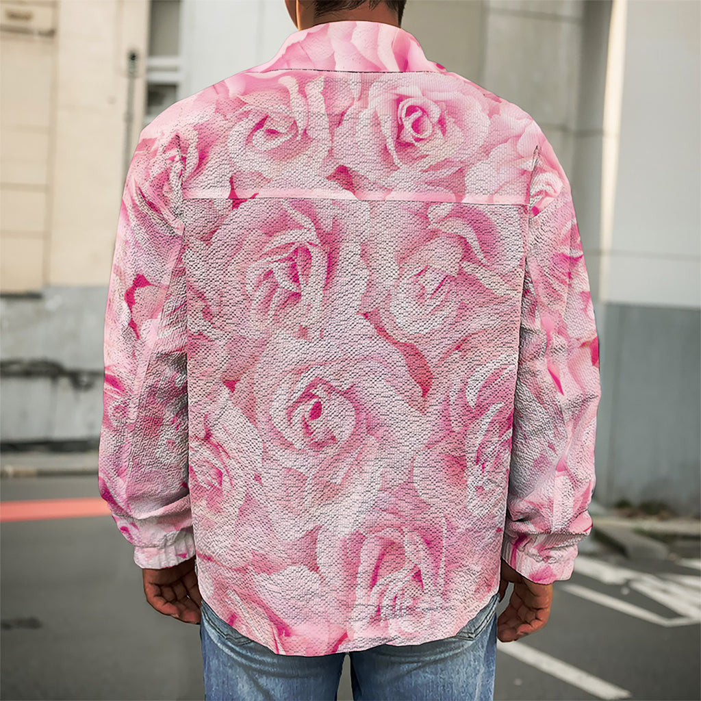 Pink Rose Print Men's Shirt Jacket
