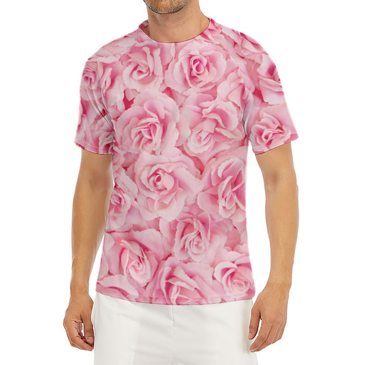 Pink Rose Print Men's Short Sleeve Rash Guard