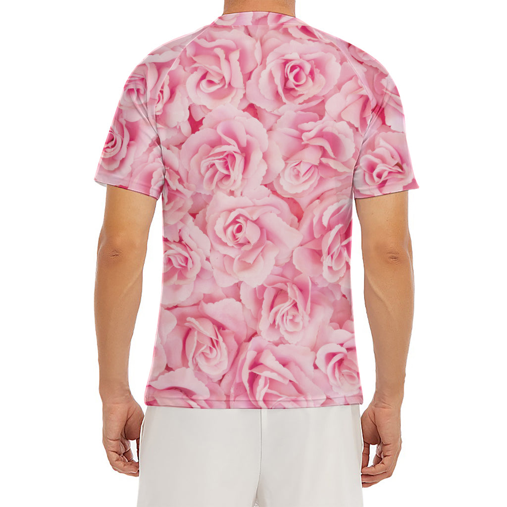 Pink Rose Print Men's Short Sleeve Rash Guard