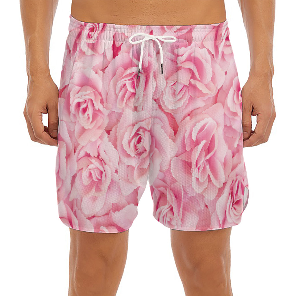 Pink Rose Print Men's Split Running Shorts