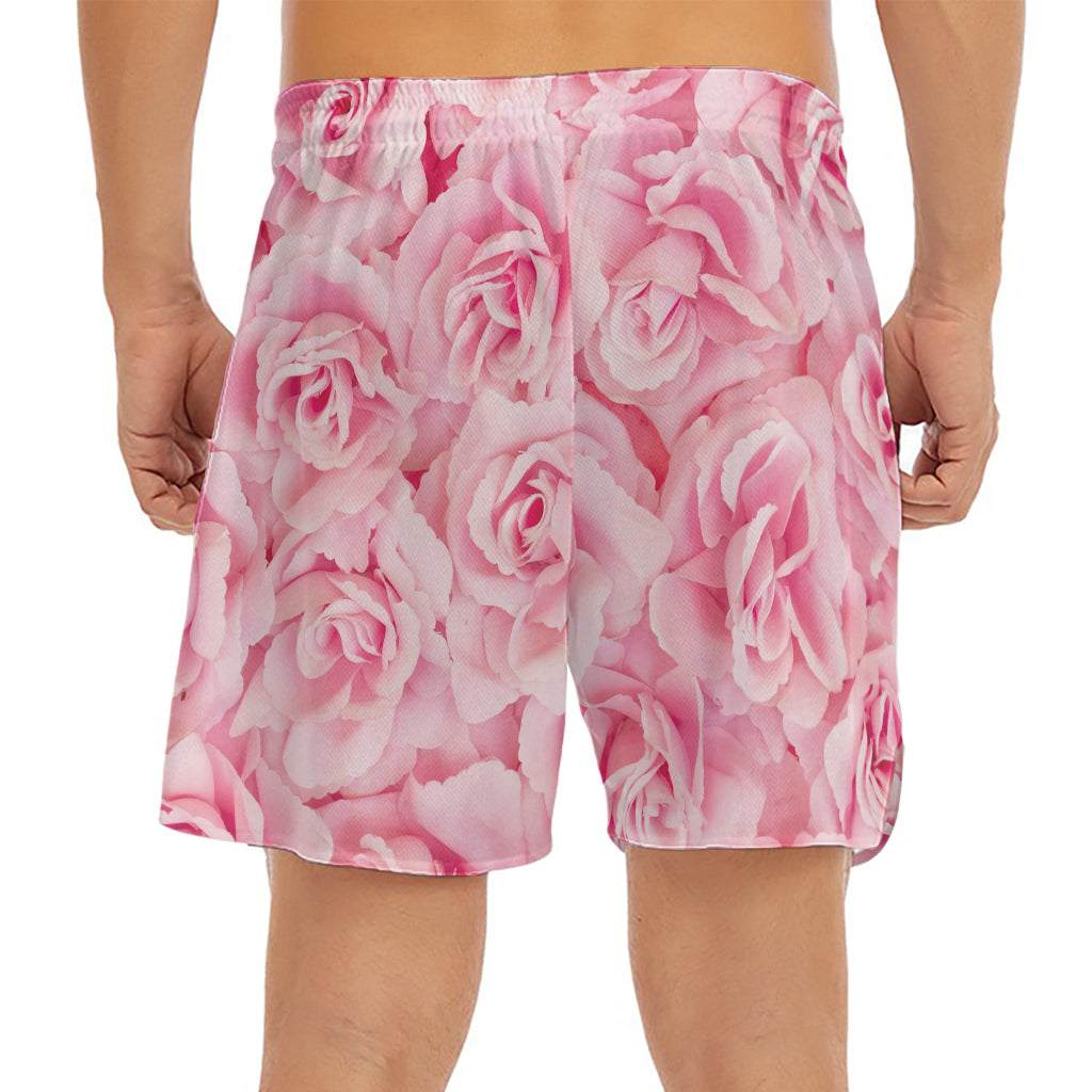Pink Rose Print Men's Split Running Shorts