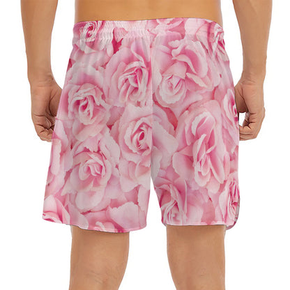 Pink Rose Print Men's Split Running Shorts