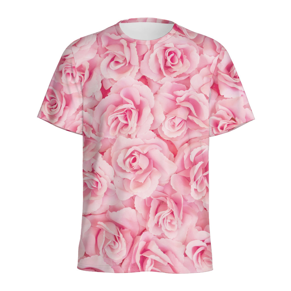 Pink Rose Print Men's Sports T-Shirt