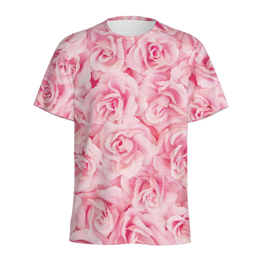 Pink Rose Print Men's Sports T-Shirt