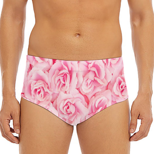Pink Rose Print Men's Triangle Swim Briefs