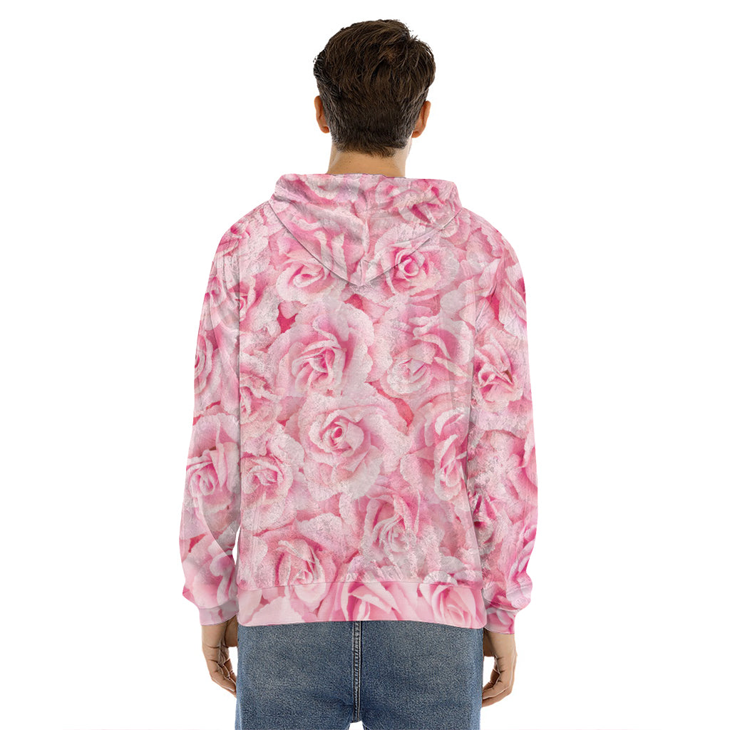 Pink Rose Print Men's Velvet Pullover Hoodie