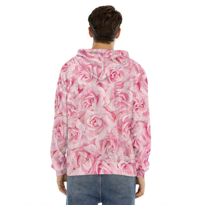 Pink Rose Print Men's Velvet Pullover Hoodie