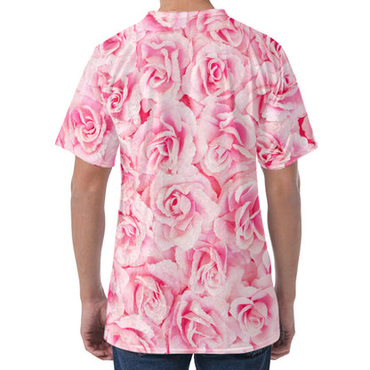 Pink Rose Print Men's Velvet T-Shirt