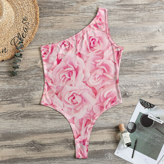 Pink Rose Print One Shoulder Bodysuit