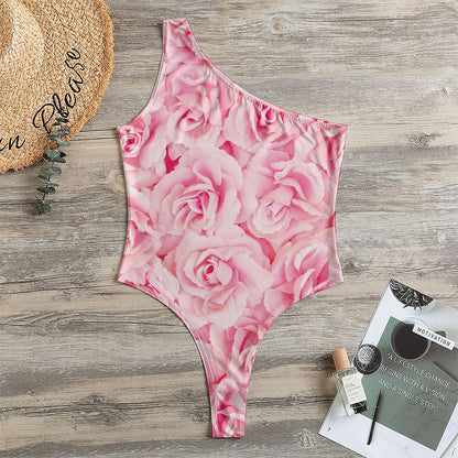Pink Rose Print One Shoulder Bodysuit