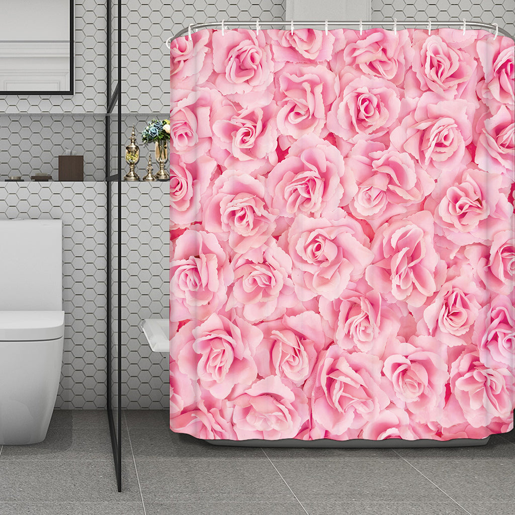Pink Rose Print Polyester Shower Curtain