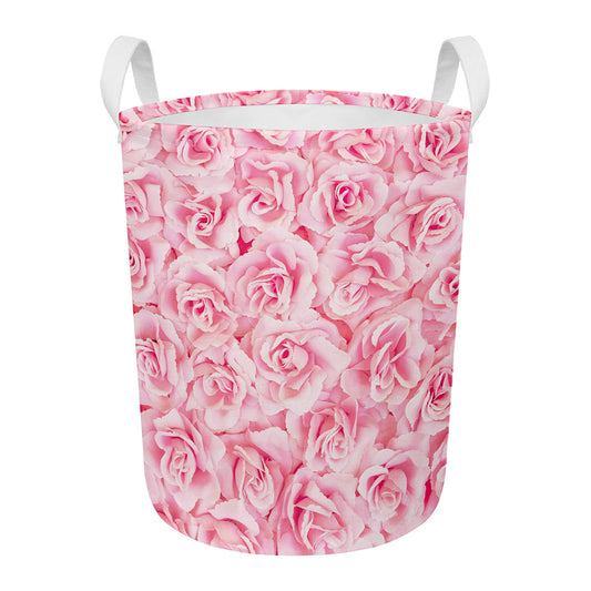 Pink Rose Print Round Laundry Basket