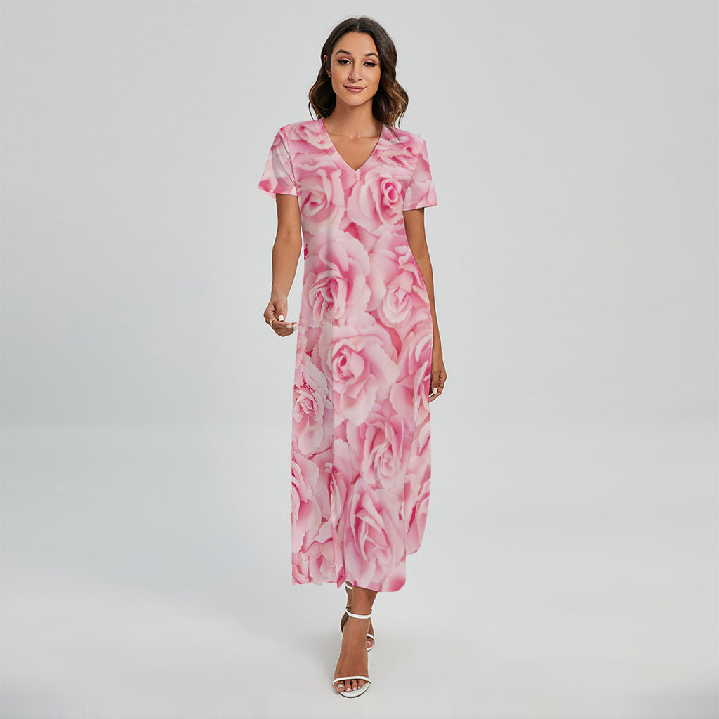 Pink Rose Print Short Sleeve Maxi Dress