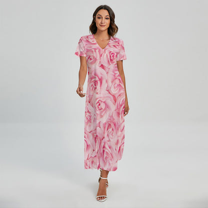 Pink Rose Print Short Sleeve Maxi Dress