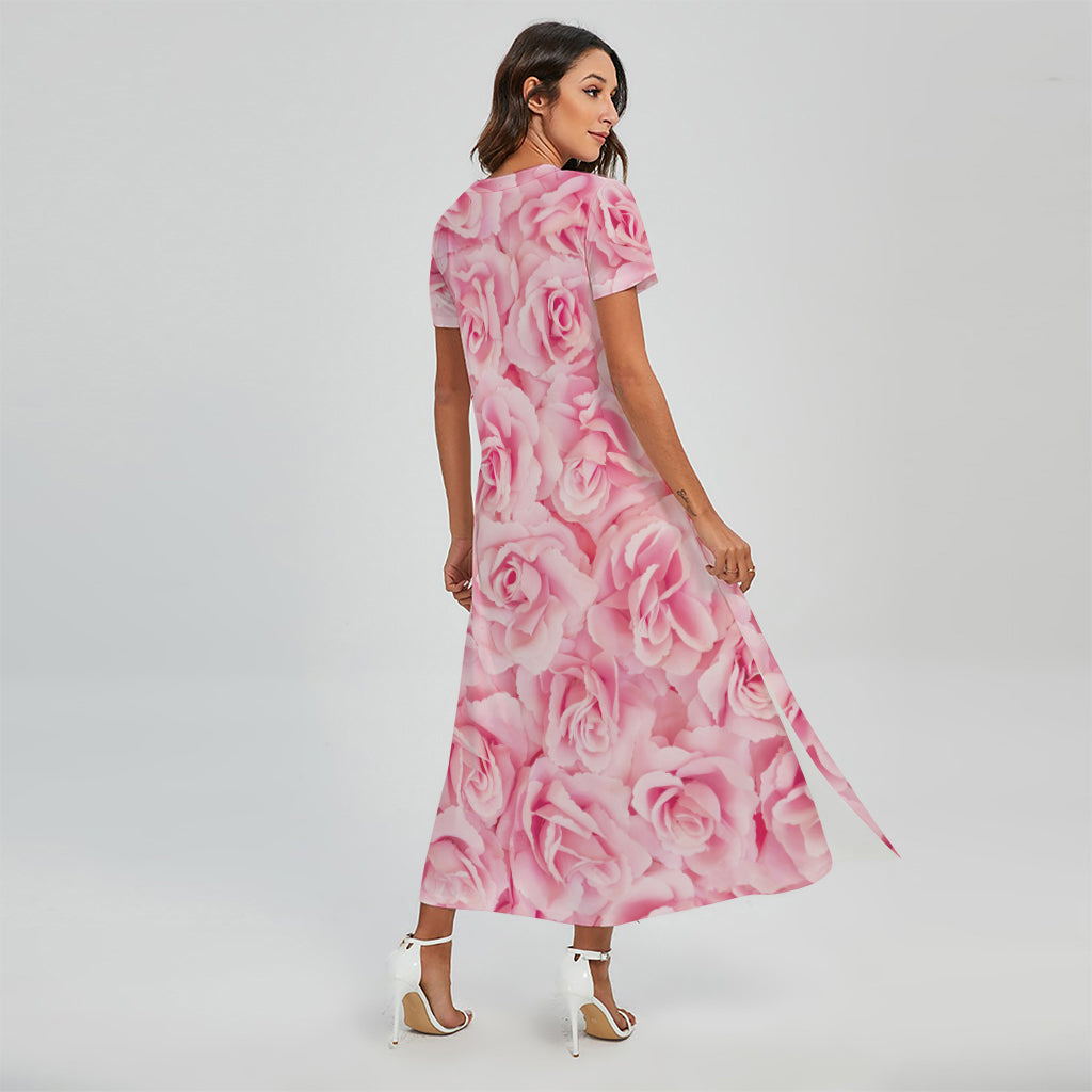Pink Rose Print Short Sleeve Maxi Dress