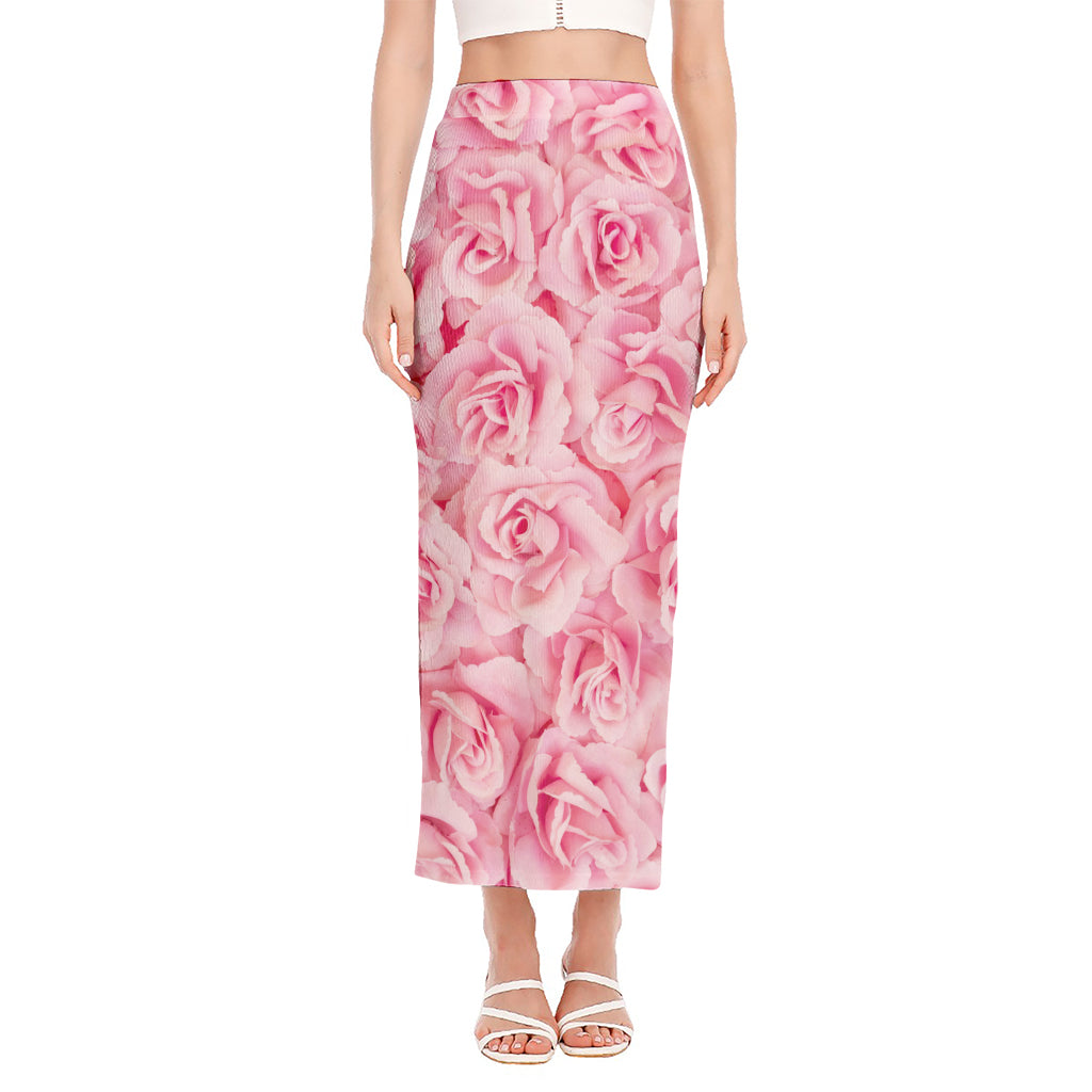 Pink Rose Print Side Slit Maxi Skirt