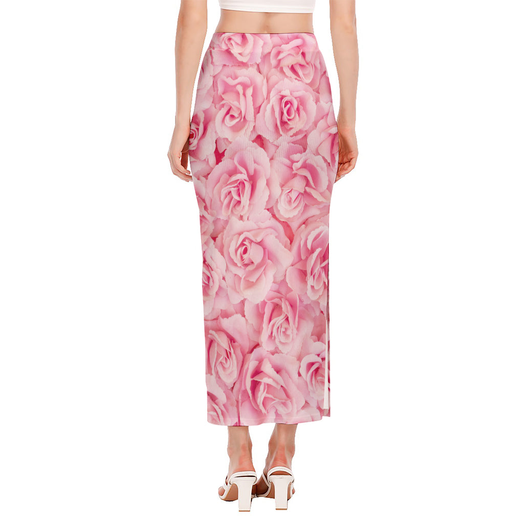 Pink Rose Print Side Slit Maxi Skirt