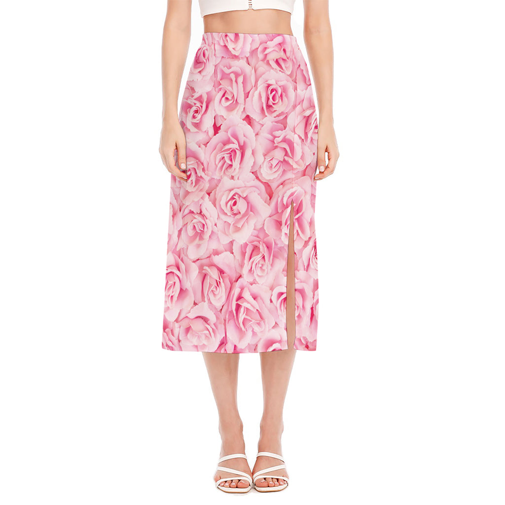 Pink Rose Print Side Slit Midi Skirt
