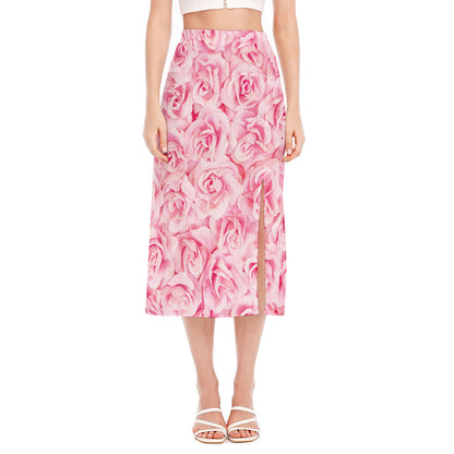 Pink Rose Print Side Slit Midi Skirt