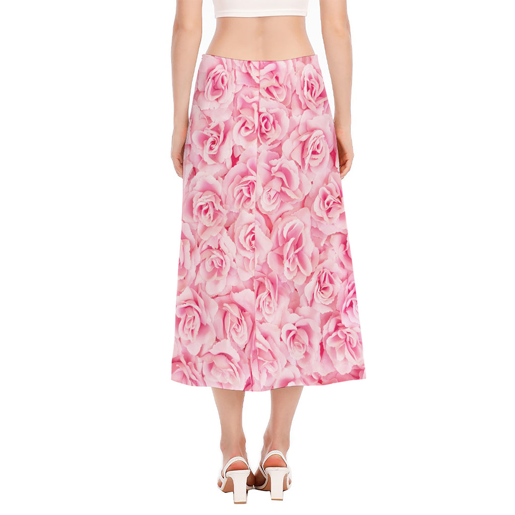 Pink Rose Print Side Slit Midi Skirt