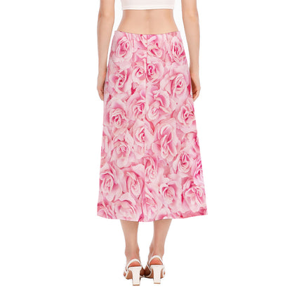 Pink Rose Print Side Slit Midi Skirt