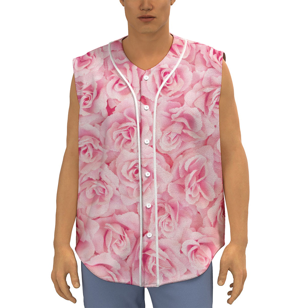 Pink Rose Print Sleeveless Baseball Jersey