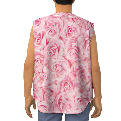 Pink Rose Print Sleeveless Baseball Jersey