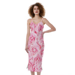 Pink Rose Print Slim Fit Midi Cami Dress